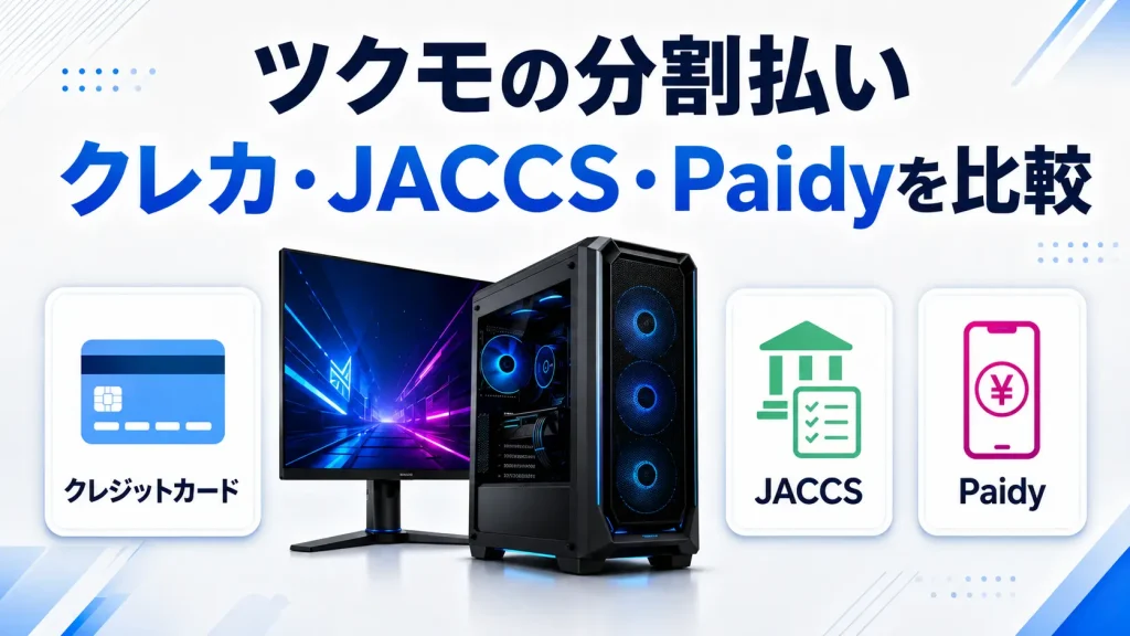 ツクモのゲーミングPC分割払いでクレジットカード・JACCS・Paidyを比較する記事のアイキャッチ