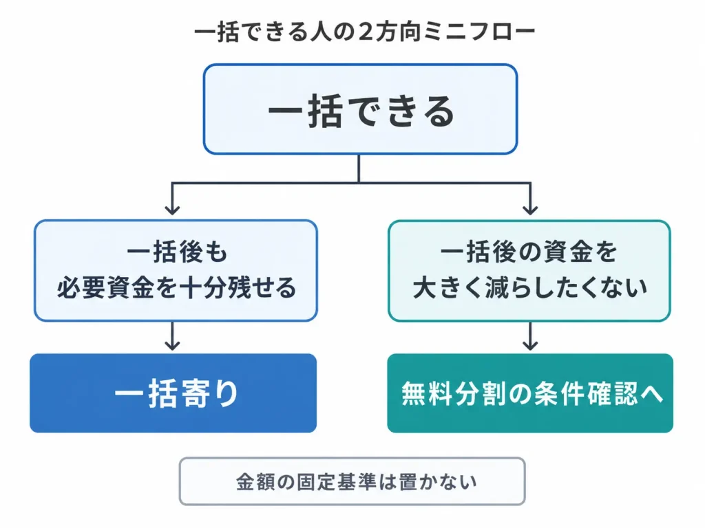 一括できる場合に、一括後の必要資金と手元資金の残し方で一括・無料分割を判断する図